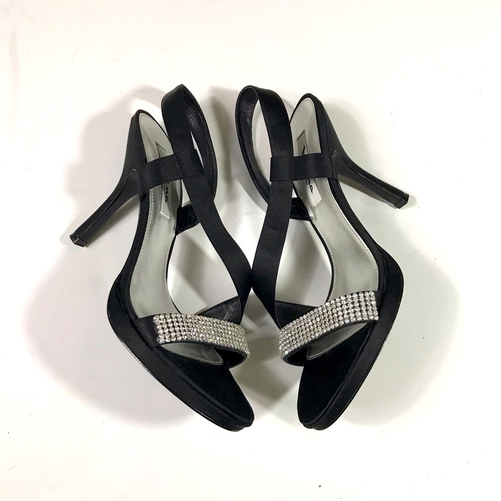 Nina Black Satin + Rhinestone Strappy High Heels